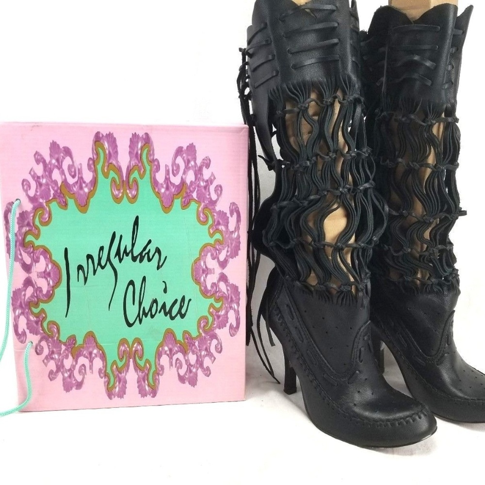 Irregular Choice Black Leather Fringe Knee Boots 9